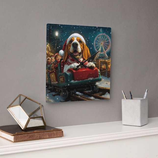 Horloge Carrée Basset Hound Dog Roller Dessous de verre Noël (Bureau)