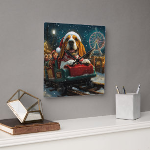 Horloge Carrée Basset Hound Montagnes Russes de Noël