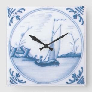 Horloge Carrée Bateau à voile bleu blanc Art Delft vintage