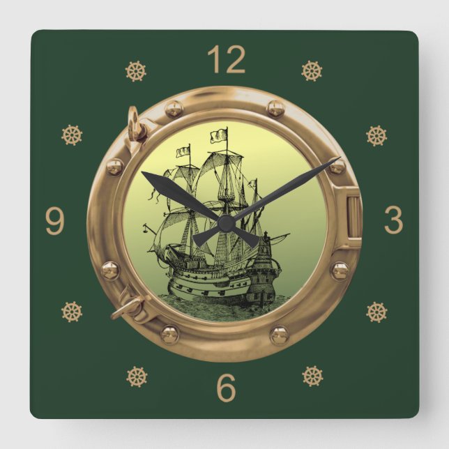 Horloge Carrée Bateau à voile Galleon ~ Porthol en laiton ~ (Recto)