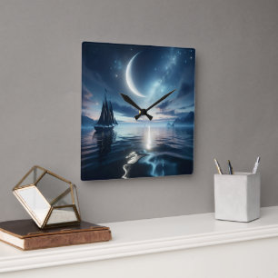 Horloge Carrée Bateau à voile naviguant sur l'eau Lune