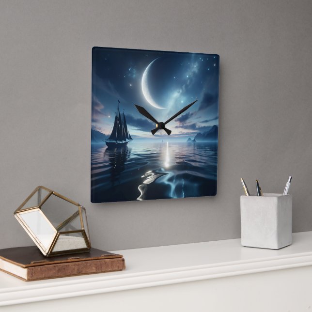 Horloge Carrée Bateau à voile naviguant sur l'eau Lune (Bureau)