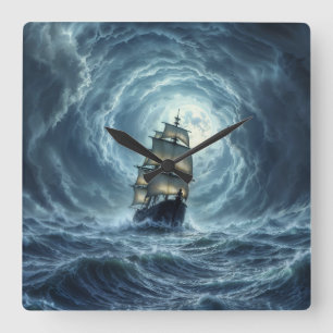 Horloge Carrée Bateau à voiles tempête épique décoration fantaisi