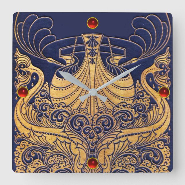 Horloge Carrée Bateau antique, Dauphins, Or, Bleu marine Nautique (Recto)