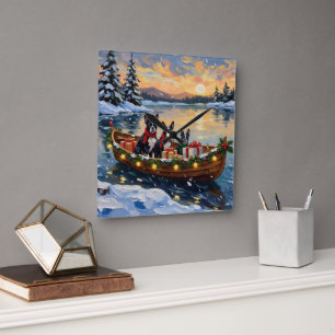 Horloge Carrée Bateau de Noël de Boston Terrier pour les Fêtes