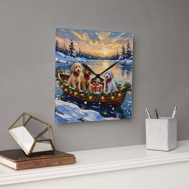 Horloge Carrée Bateau de Noël de Caniche Fêtes (Bureau)