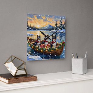 Horloge Carrée Bateau de Noël de Collie à poil long pour les Fête