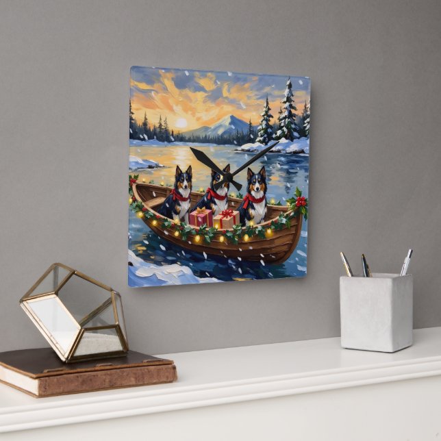Horloge Carrée Bateau de Noël de Collie à poil long pour les Fête (Bureau)