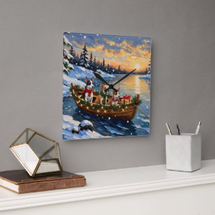Horloge Carrée Bateau de Noël de Rat Terrier pour les Fêtes