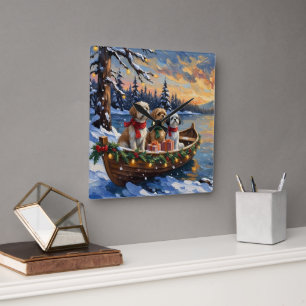 Horloge Carrée Bateau de Noël du Shih Tzu pour les Fêtes