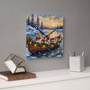 Horloge Carrée Bateau de Noël pour Pomeranian pendant les Fêtes