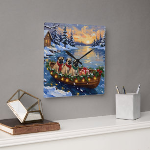 Horloge Carrée Bateau de Noël Pug Fêtes de fin d'année