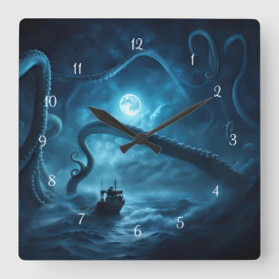 Horloge Carrée Bateau de pêche nautique avec poulpe géante