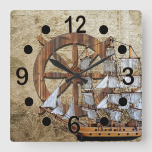 Horloge Carrée Bateau vintage et barre