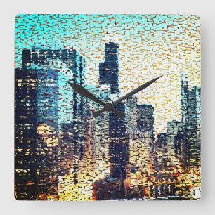 Horloge Carrée Bâtiments de la ville bleue en mosaïque avec relie