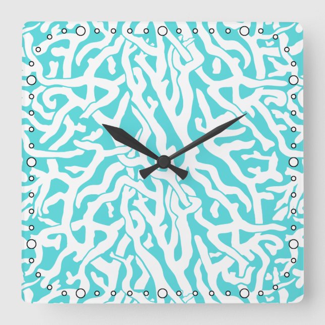 Horloge Carrée Beach Coral Reef Motif Nautique Blanc Bleu (Recto)