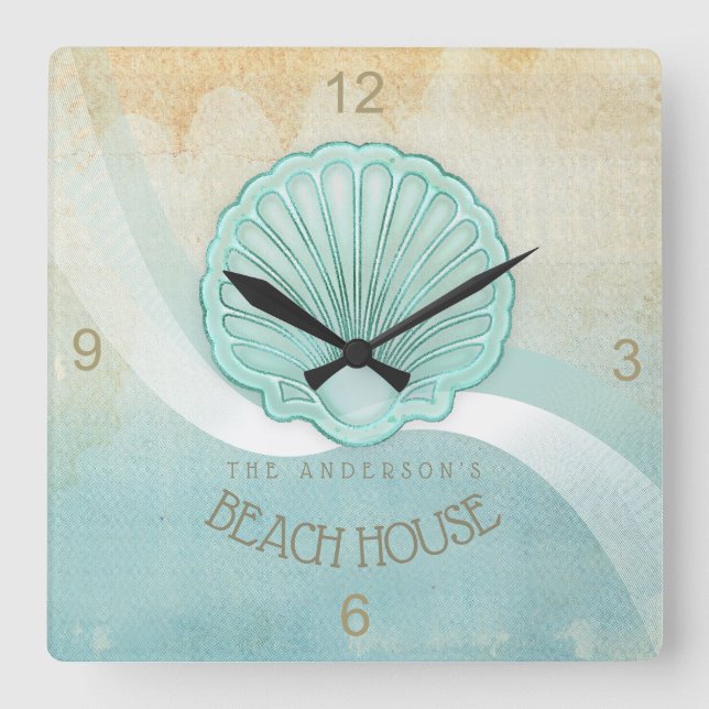 Horloge Carrée Beach House Clam Shell Aqua Blue ID623 (Recto)