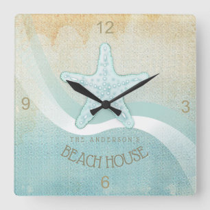 Horloge Carrée Beach House Nautical Starfish Aqua Blue ID623