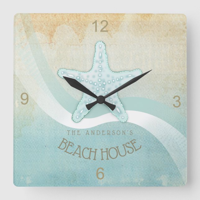 Horloge Carrée Beach House Nautical Starfish Aqua Blue ID623 (Recto)