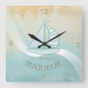 Horloge Carrée Beach House Nautical Voilier Aqua Blue ID623