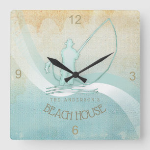 Horloge Carrée Beach House Pêcheur nautique Aqua Blue ID623