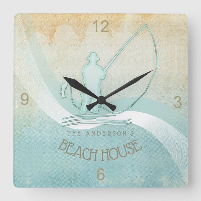 Horloge Carrée Beach House Pêcheur nautique Aqua Blue ID623 (Recto)