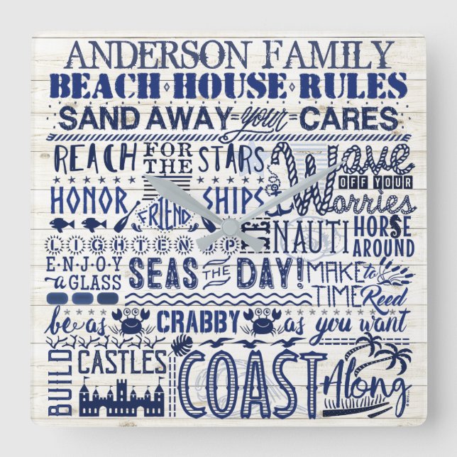 Horloge Carrée Beach House Rules Custom Family Nom Blue Coastal (Recto)