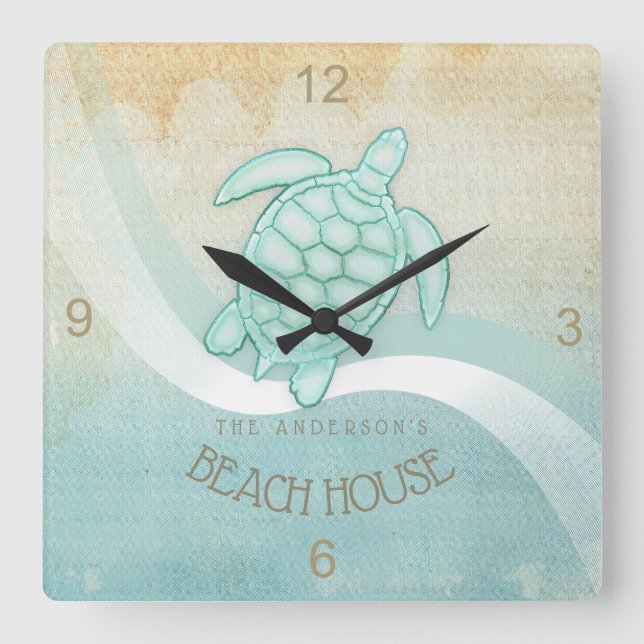 Horloge Carrée Beach House Tortue nautique Aqua Blue ID623 (Recto)