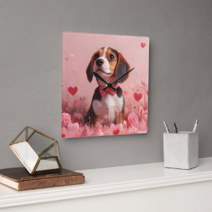 Horloge Carrée Beagle avec des roses - Saint-Valentin