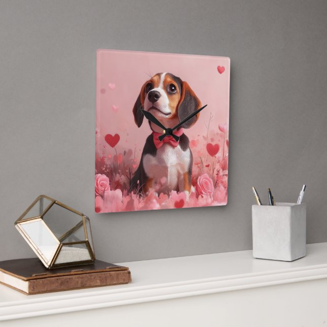 Horloge Carrée Beagle avec des roses - Saint-Valentin (Bureau)