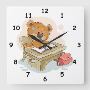 Horloge Carrée Bear de dessin mignon Écrire un livre