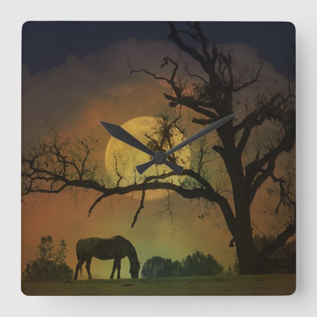 Horloge Carrée Beau Cheval dans l'horloge de la lune de récolte (Recto)