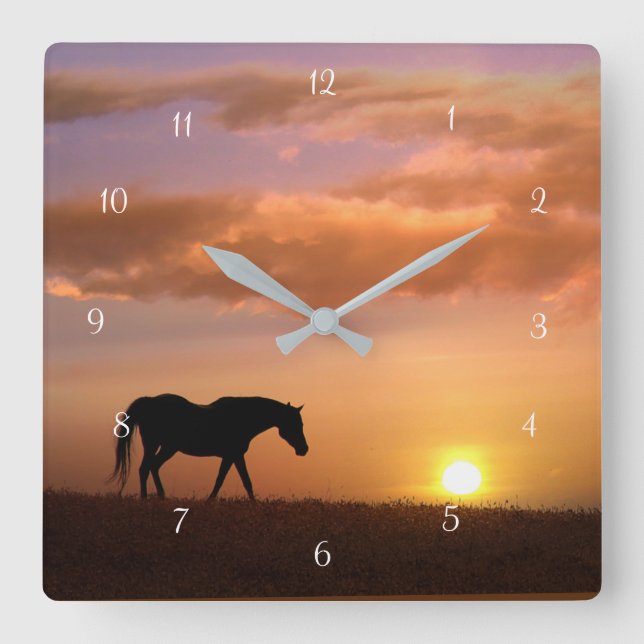 Horloge Carrée Beau Cheval et lever du soleil matin (Recto)