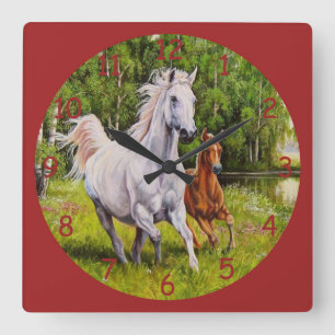 Horloge Carrée Beau Chevaux de course Art