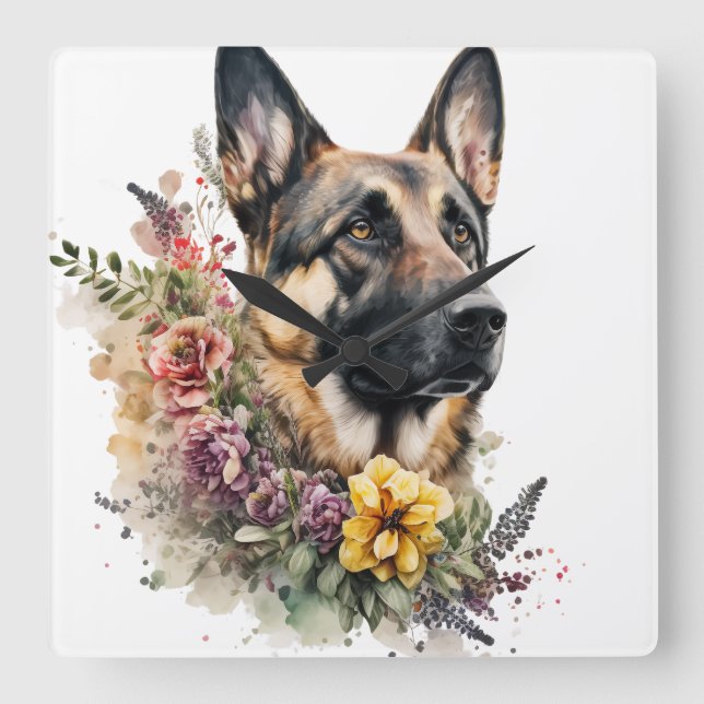 HORLOGE CARRÉE BEAU CHIEN ALLEMAND SHEPHERD AVEC FLEURS SAUVAGES (Recto)