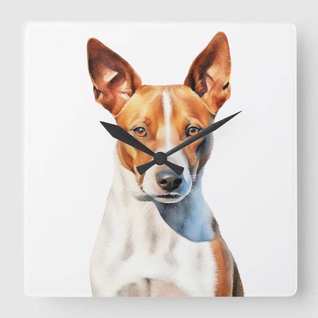 HORLOGE CARRÉE BEAU CHIEN BASENJI BROWN ET BLANC (Recto)