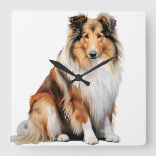HORLOGE CARRÉE BEAU CHIEN COLLIE TRI-COLORÉ LONGTEMPS HAÏS