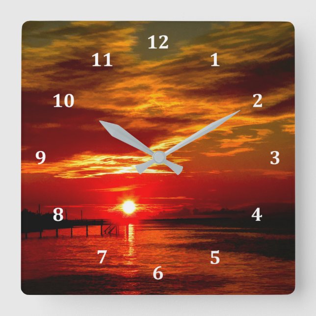Horloge Carrée Beau coucher de soleil rouge (Recto)