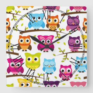 Horloge Carrée Beau hibou fait sur commande coloré
