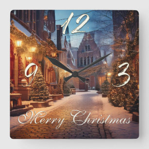 Horloge Carrée Beau Motif de Noël Cosy dans une Vieille Ville de 