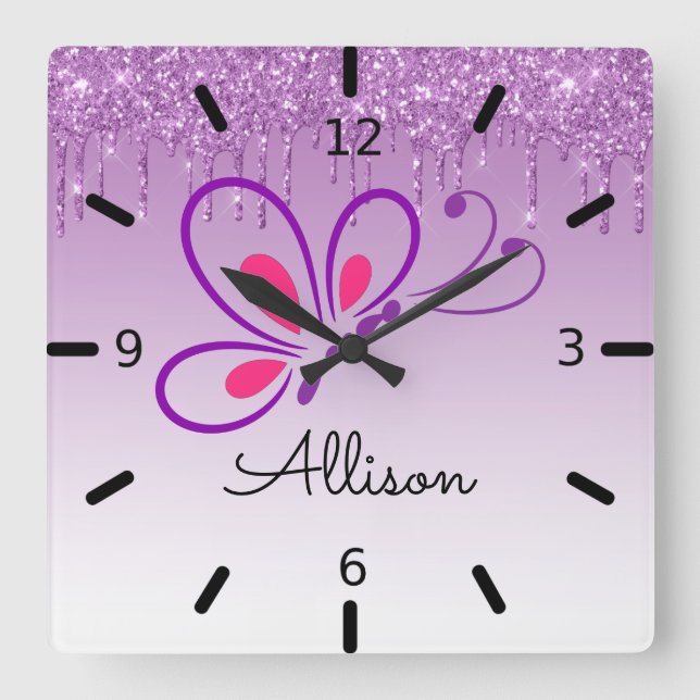 Horloge Carrée Beau Papillon pourpre personnalisé (Recto)