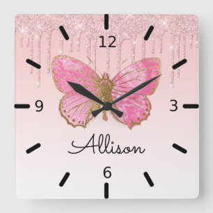 Horloge Carrée Beau papillon rose personnalisé
