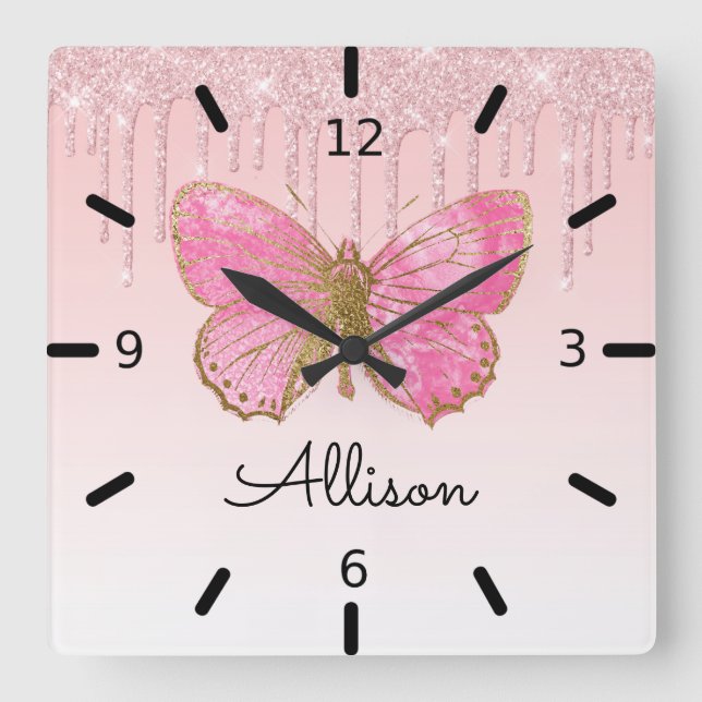 Horloge Carrée Beau papillon rose personnalisé (Recto)