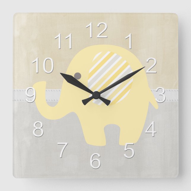 Horloge Carrée Beau Pastel Jaune Bébé Eléphant Neutre Neutre (Recto)