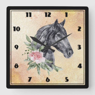 Horloge Carrée Beau portrait de la tête de cheval Aquarelle