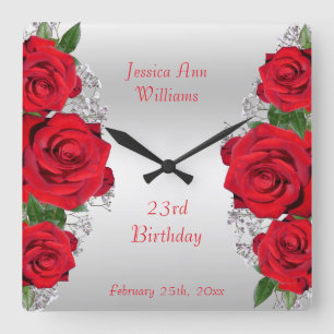 Horloge Carrée Beau Roses Rouges Romantiques Anniversaire