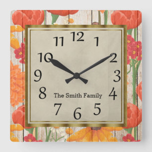 Horloge Carrée Beau Rouge Orange Jaune Bois Floral