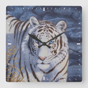 Horloge Carrée Beau tigre blanc aux yeux bleu cristal