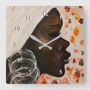 Horloge Carrée Beauté africaine - Aquarelle peinture