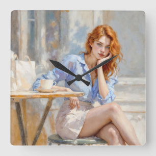 Horloge Carrée Beauté aux cheveux roux assise dans un café art do